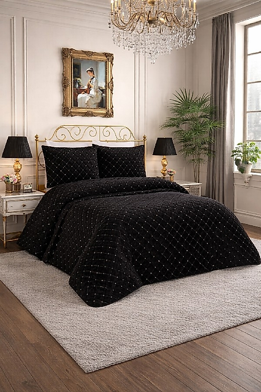 NALIA Kadife Çift Kişilik Kapitoneli Yatak Örtüsü