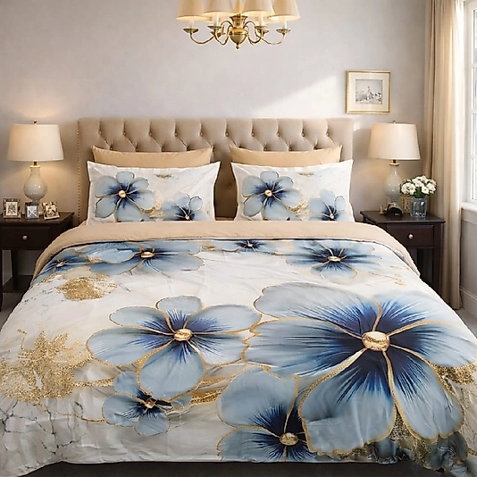 Mavi Papatya Çift Kişilik Nevresim Takımı 6 Parçalı