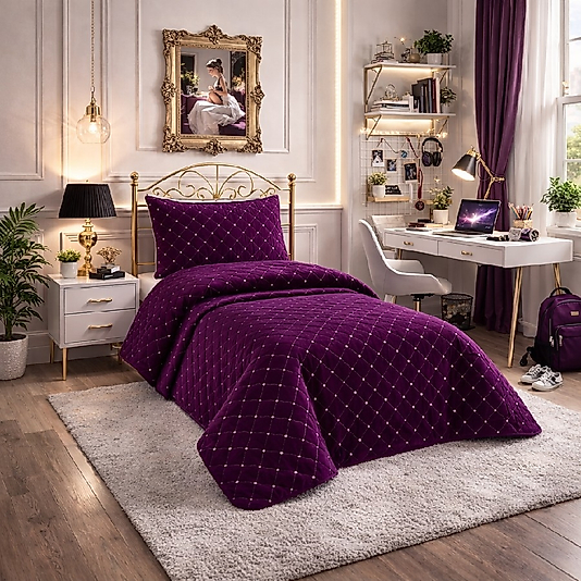 NALIA Kadife Tek Kişilik Kapitoneli Yatak Örtüsü