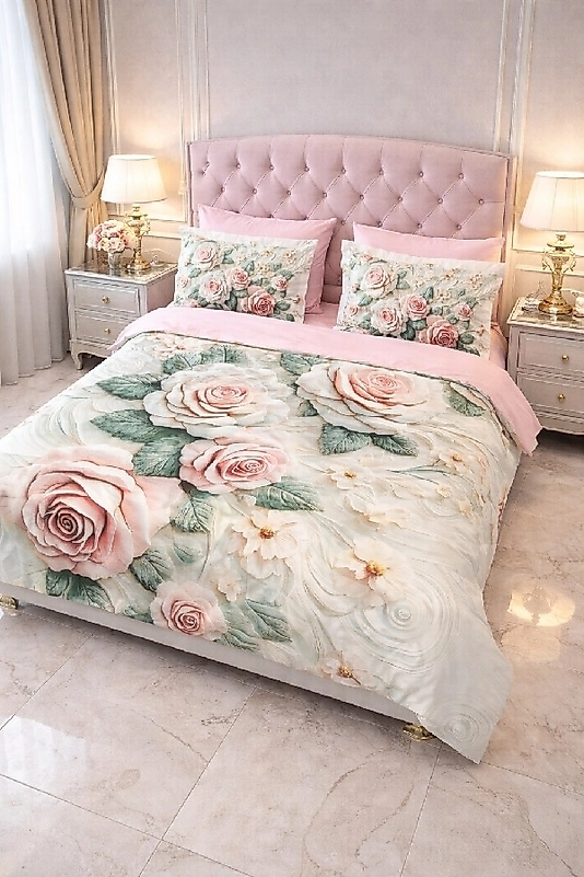 Pembe Gül Çift Kişilik Nevresim Takımı 6 Parçalı