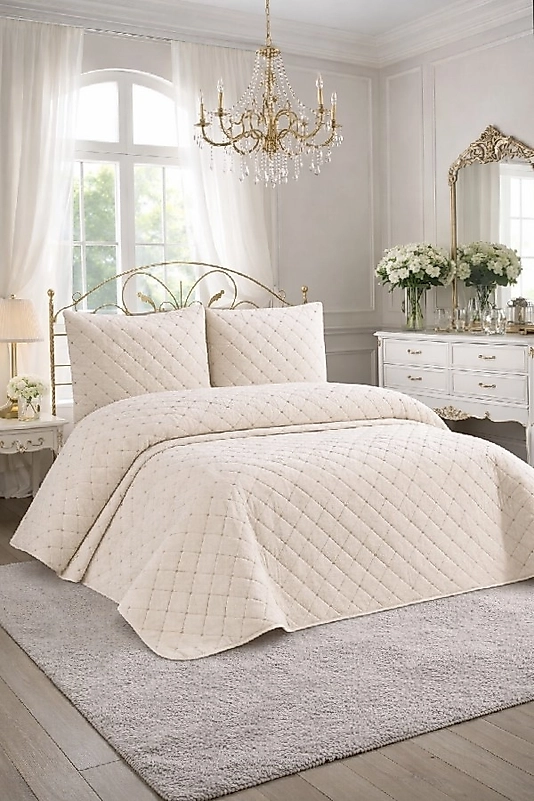 NALIA Kadife Çift Kişilik Kapitoneli Yatak Örtüsü