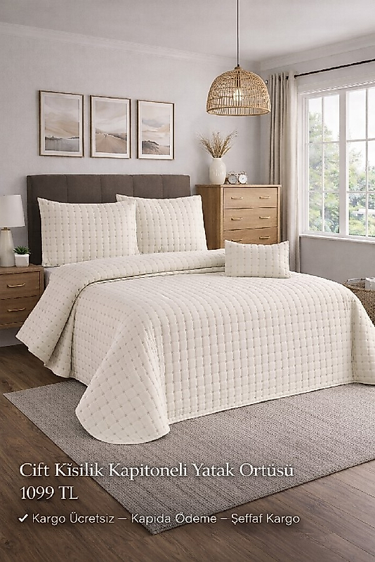 HANDAN Çift Kişilik Kapitoneli Yatak Örtüsü 4 Parçalı