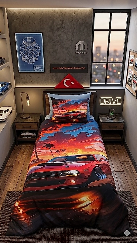 Araba 5D Dijital Baskılı Genç Erkek Nevresim Takımı %100 Pamuklu