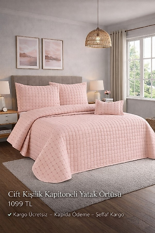 HANDAN Çift Kişilik Kapitoneli Yatak Örtüsü 4 Parçalı