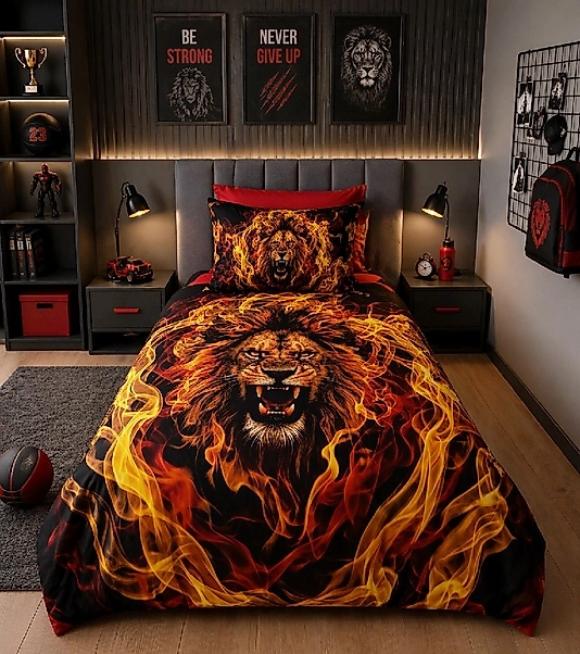 Aslan 5D Dijital Baskılı Genç Erkek Nevresim Takımı %100 Pamuklu
