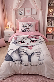 Kedicik 5D Dijital Baskılı Genç Kız Çocuk Nevresim Takımı %100 Pamuklu