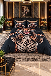 LEOPAR 5D Pamuklu Çift Kişilik Nevresim Takımı 6 Parçalı Lastikli Çarşaflı